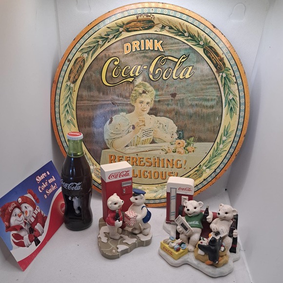 Vintage Coca Cola Ceramic Figurines & Tray Plus Twirling Coca Cola PolarBear and - Picture 1 of 10